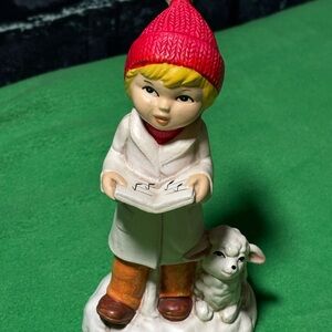 Vintage Charming Boy with Lamb Figurine - Red, White, and Brown